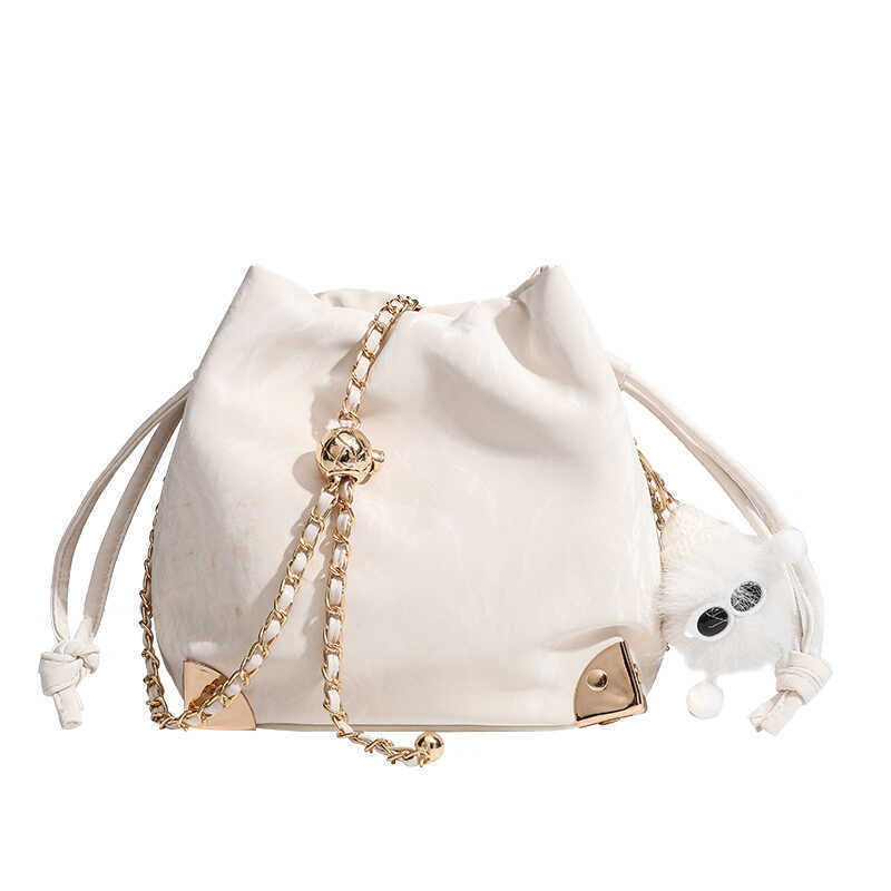 Chic Soft Cloud Bucket Bag with Gold Chain & Plush Pendant