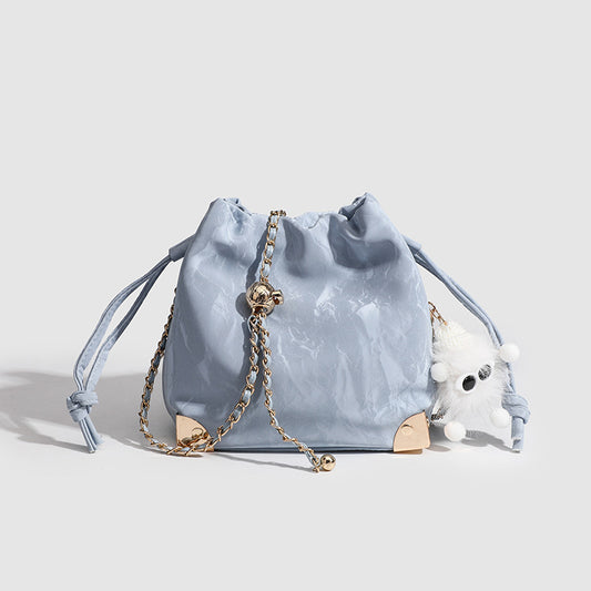 Chic Soft Cloud Bucket Bag with Gold Chain & Plush Pendant