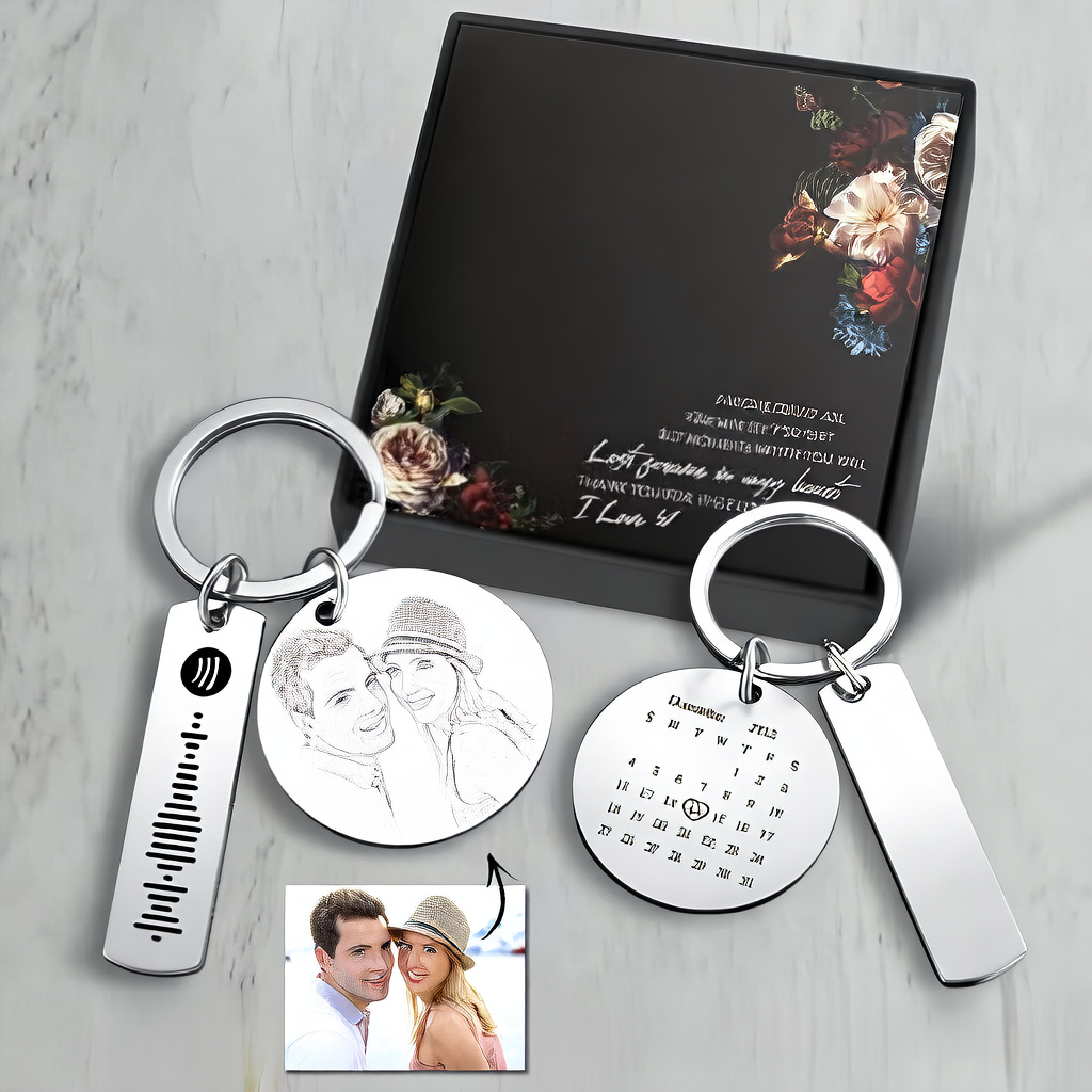 Personalized Photo Engraved Keychain ? Custom Stainless Steel Gift with Calendar & Message Tag