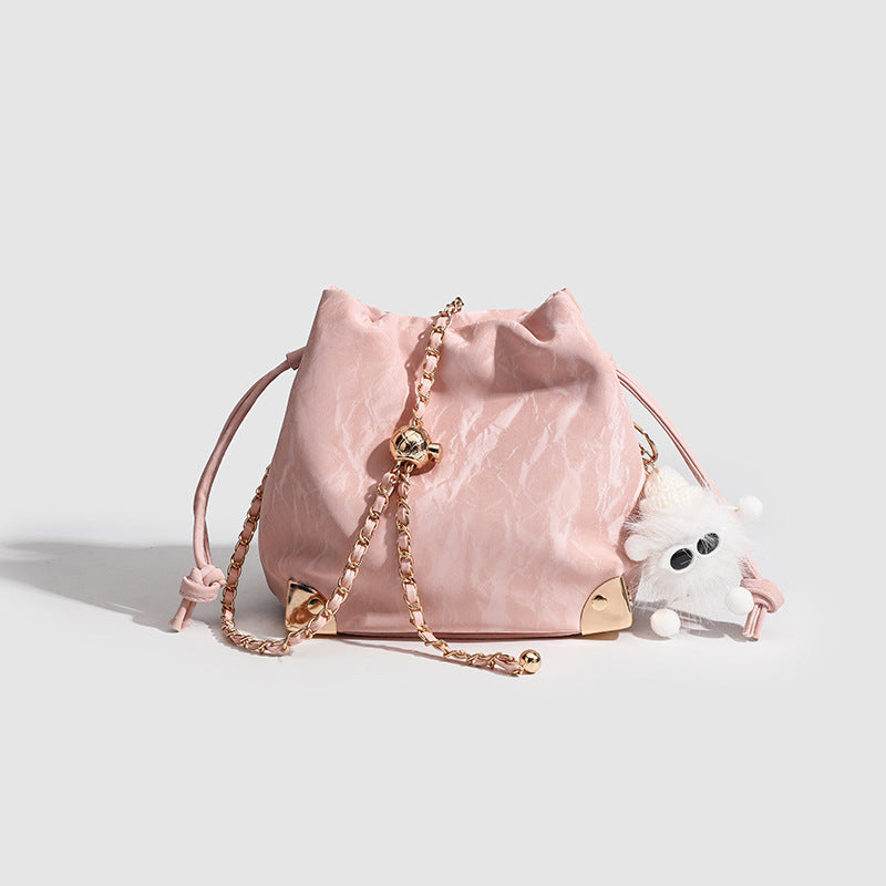Chic Soft Cloud Bucket Bag with Gold Chain & Plush Pendant