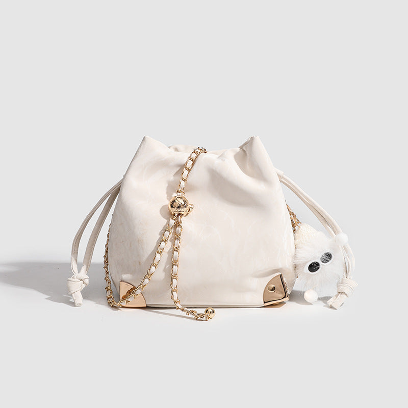 Chic Soft Cloud Bucket Bag with Gold Chain & Plush Pendant
